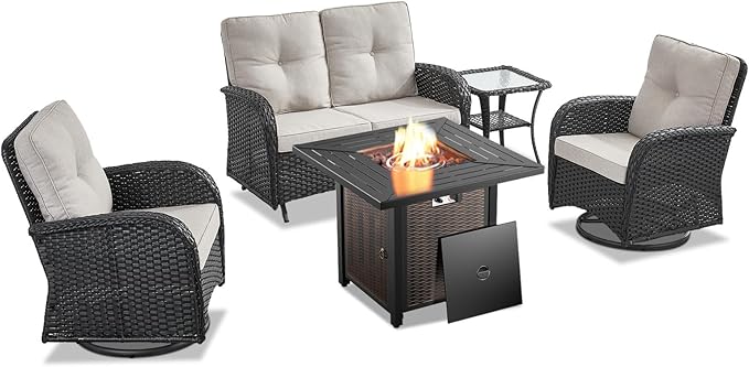 Belord 5 Piece Outdoor Patio Furniture Set with 50000 BTU Propane Fire Pit Table, Deep Seating Wicker Swivel Rocker Chairs and Loveseat Glider Patio Conversation Set for Poolside Deck Backyard Black