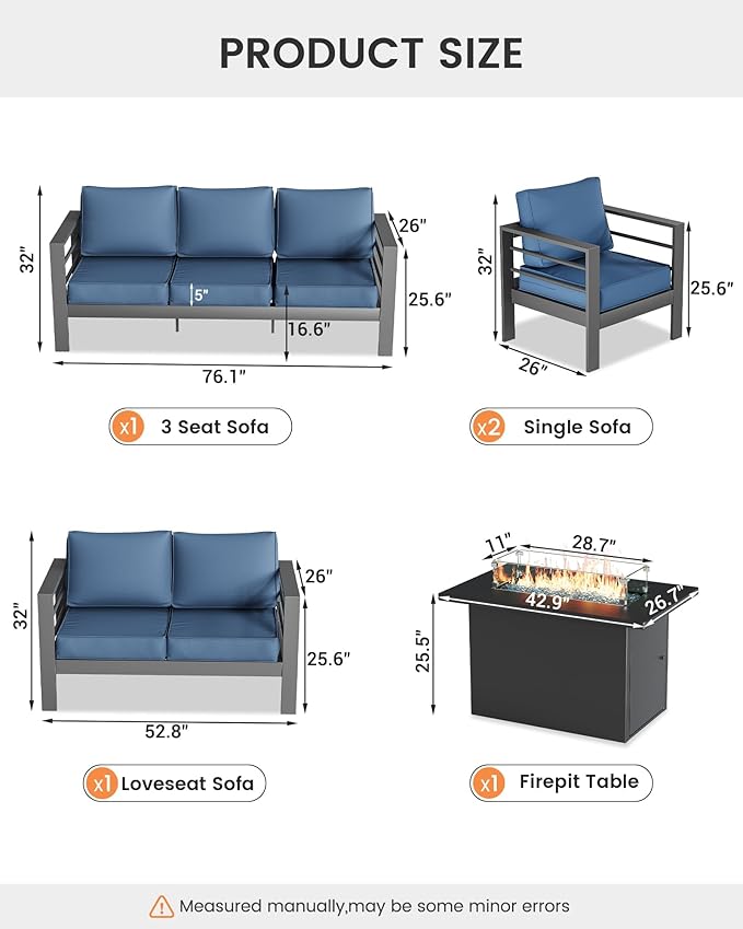 UDPATIO 6 Piece Aluminum Patio Furniture Set with Aluminum Fire Pit Table,Mordern Outdoor Furniture Set with Water-Proof Cover Included, Dark Grey/Navy