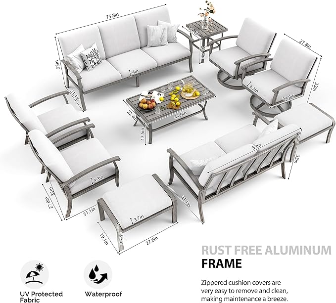 HAPPATIO 10 Piece Aluminum Patio Furniture Set, 3-Seat Outdoor Couch and Loveseat, All-Weather Outdoor Sectional Sofa with Swivel Armchairs and Ottomans, Garden Conversation Set(Gray)