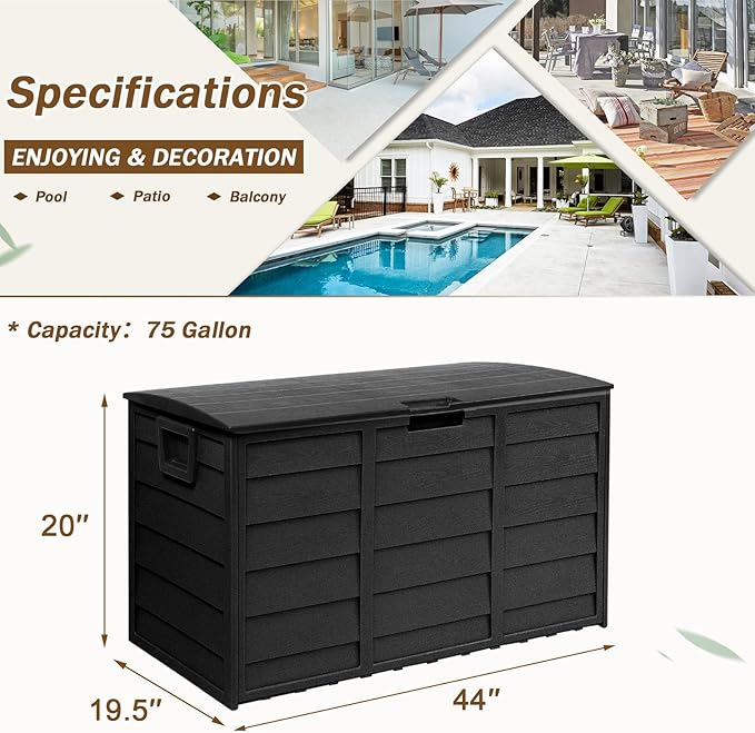 75 Gallon Outdoor Deck Storage Box, Patio Resin Deck Storage Container, Store Cushion and Sundry Things (Black)