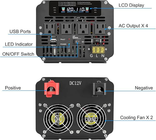 LVYUAN 5000 Watt Power Inverter 12V to 110V 120V for Vehicle, Solar Inverter System, Heavy Duty, RV, Truck, Off Grid,Camping with 4 AC Outlets, LCD Display, Wireless Remote Control, Car Power Inverter