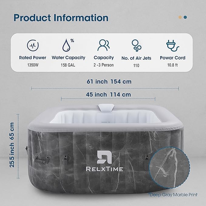 Inflatable Hot Tub 2-3 Person, Portable Blow Up Hottub with Cover, Built in Heater Pump 110 Air Jets, Square Outdoor Spa, Cup Holder, 2 Filters, Grey