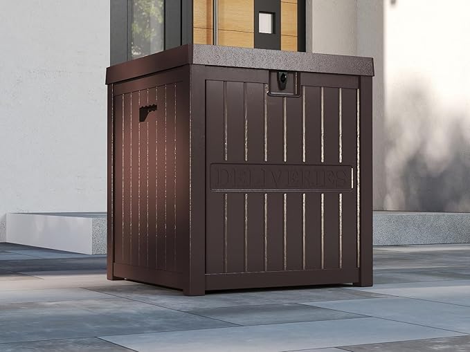 51 Gallon Resin Package Bin for Outside, Secure Lockable Package Box for Front Porch, Large Outdoor Waterproof Deck Box, Brown