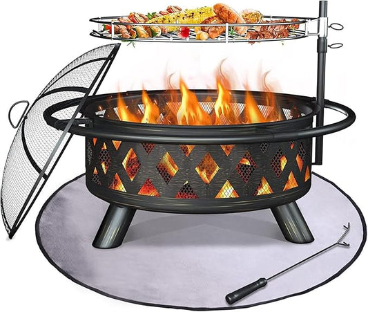 Amopatio Outdoor Fire Pit with Mat & Cover, 30 Inch Large Wood Burning Fire Pits, Patio Backyard Firepit with Steel BBQ Grill Cooking Grate, Spark Screen & Poker for Garden, Bonfire, Camping, Picnic