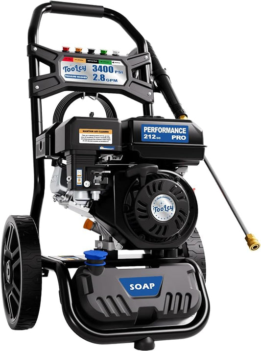 TOOLCY Gas Pressure Washer 3400PSI/2.8GPM Power Washer Upgraded Pump, 30ft Hose, Onboard Soap Tank, Spray Gun &5 Quick-Connect Nozzles for Driveway, Deck, Car Cleaning