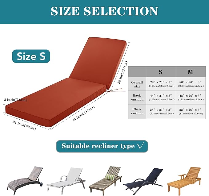 Chaise Lounge Cushion Outdoor, Waterproof and Stain-Resistant Lounge Deck Reclining Chair Cushions for Patio Furniture Lawn Pool Resort Hotel, 80x26x3 Inch, Set of 4, Rust