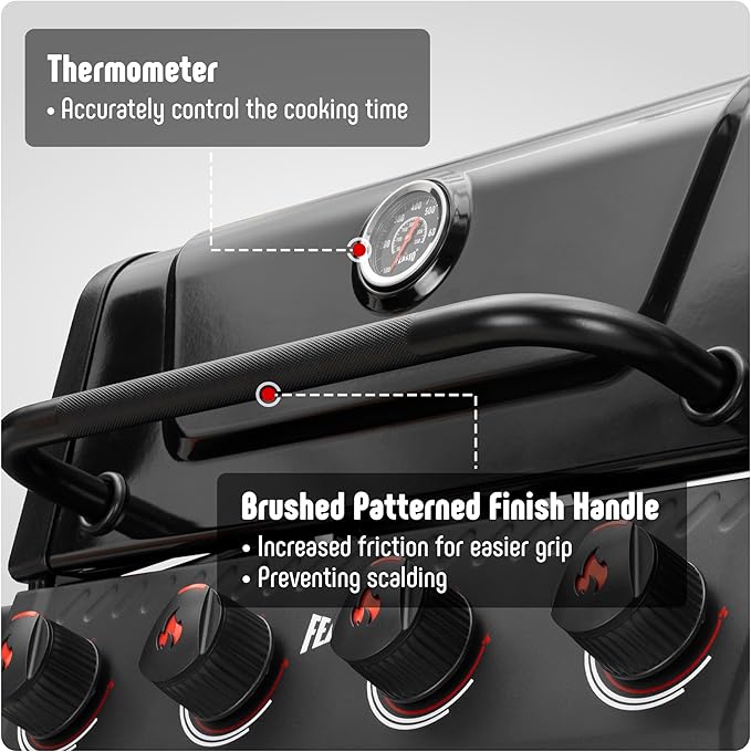 4 Burner Gas Grill, Outdoor BBQ Grill with Side Table for Patio & Backyard Barbecue, Enameled Coated Chamber Body with Porcelain-Enameled Grates, Grilll Cover Included, 36,000 BTU, Black