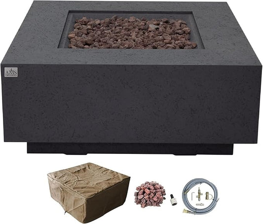 AMS Creations | Brooklyn 40" Square Natural Gas Outdoor Fire Pit Table | Dark Gray Concrete GFRC Limestone Texture Surface Fire Pit Table