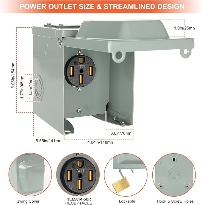 WELLUCK RV Power Outlet Box | 50A 125/250V, NEMA 14-50R Receptacle | Enclosed & Lockable | Weatherproof Plug for Travel Trailer, RV Camper, Generator Temporary Hookup