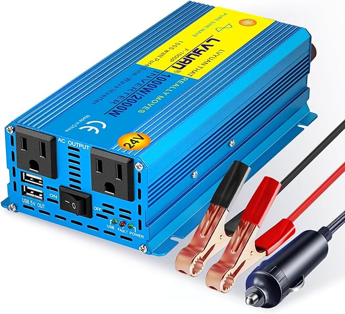 LVYUAN 1000 Watt Pure Sine Wave Power Inverter 24V DC to 110V/120V AC Converter with 2 sockets and 2 USB Port for Car Truck Family Solar System,RV, Truck,Road Trip & Emergency