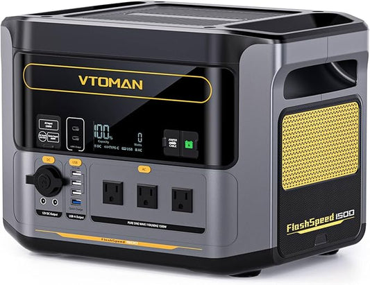 VTOMAN FlashSpeed 1500 Portable Power Station - 1 Hour Fast Charge, 1548Wh LiFePO4 Battery, 1500W AC Output (3000W Surge) for Home Backup, Off-grid, Camping, Emergencies