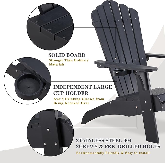 Psilvam Adirondack Chair, Oversized Poly Lumber Fire Pit Chair with Cup Holder, 350Lbs Support Patio Chairs for Garden, Weather Resistant Outdoors Seating, Relaxing Gift for Father & Mother (Black)