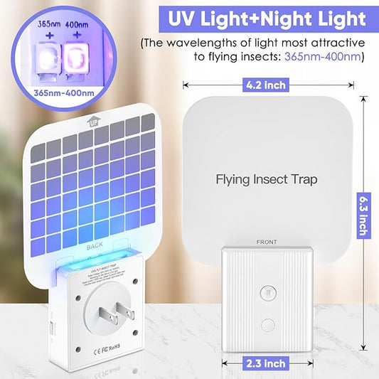 Fly Trap Indoor,2 in 1 Plug in Fruit Fly Traps for Indoors with Auto Night Light for Home，Fruit Flies,Mosquito, Flies, Moths，Gnat Traps for House Indoor(2 Device + 10 Glue Cards)