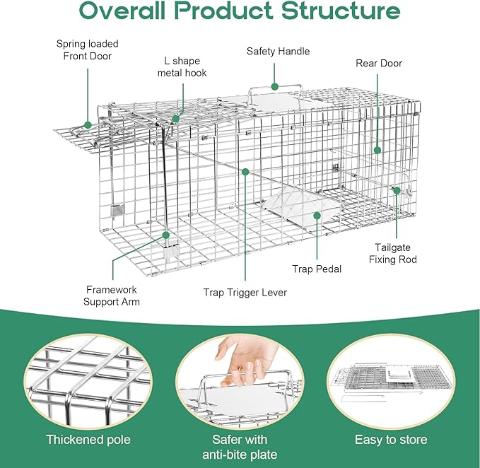 Humane Live Animal Trap Cage 26" × 9" × 10",Heavy-Duty Live Catch Cage for Raccoon, Squirrel, Stray Cats, Groundhogs, Armadillos, Opossums, Rabbits, Skunk, Mole, Small Wildlife Control