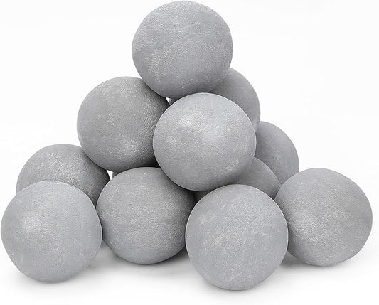 Ceramic Fire Balls, 4 Inch Set of 12 Fire Stones for Indoor & Outdoor Fire Pits or Gas Fireplaces, Reusable Decorative Landscaping and Fireplaces Accessories, Grey