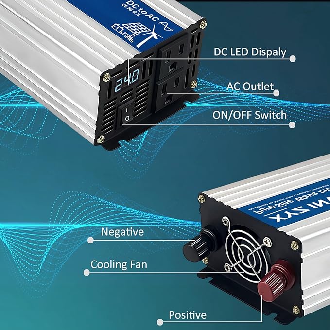 1200W Pure Sine Wave Power Inverter DC 24V to AC 110V/120V, 2400W Peak, Car/Truck Power Converter for Solar, Home, Vehicle & Rechargeable Devices with LED Display