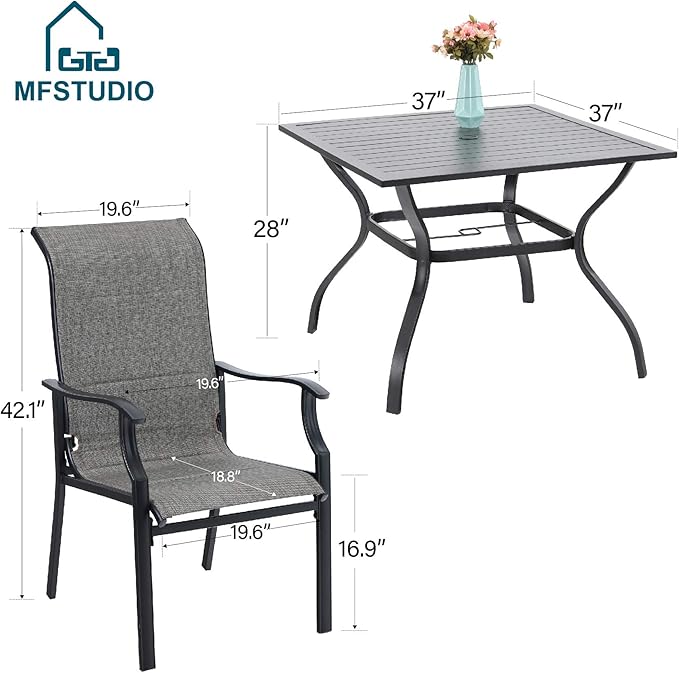 MFSTUDIO 5 PCS Patio Dining Set Outdoor Table and Chairs Set for 4, Square Metal Table with 4 Pieces Textilene Patio Dining Sling Chair, Outdoor Dining Table and Chairs Set for Patio