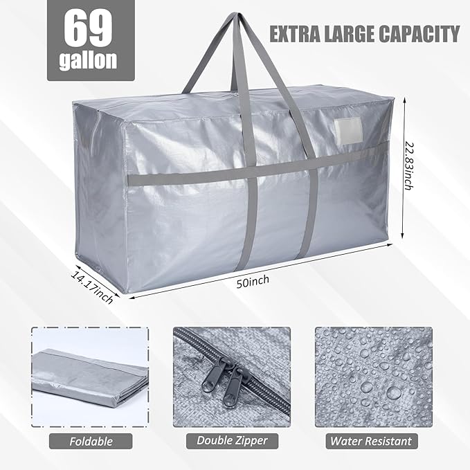 Windyun 4 Pack 69 Gallon Extra Large Storage Bags XXL Moving Bags with Zipper Handles Heavy Duty Jumbo Big Tote Box for Christmas Tree Storage 4, 5, 7.5, 9, 10, 12 ft Skeleton College Dorm(Silver)