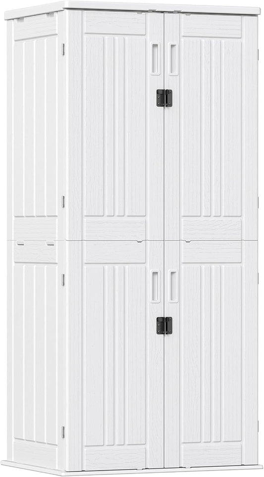 Outdoor Storage Cabinet with 4 Shelves,31.5" x 23.23" x 66.22" White Waterproof Shed,Waterproof Resin Vertical Tool Shed, Lockable 30 cu.ft. Storage Shed for Patio, Garden, Yard, White