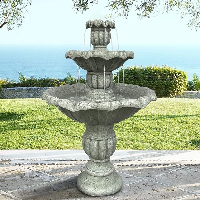 ourrco 39.3” H Outdoor Floor Water Fountain, 3-Tiers Concrete Water Fountain with Submersible Electric Pump - Garden Cascading Waterfall for Yard Patio Lawn Home Decor