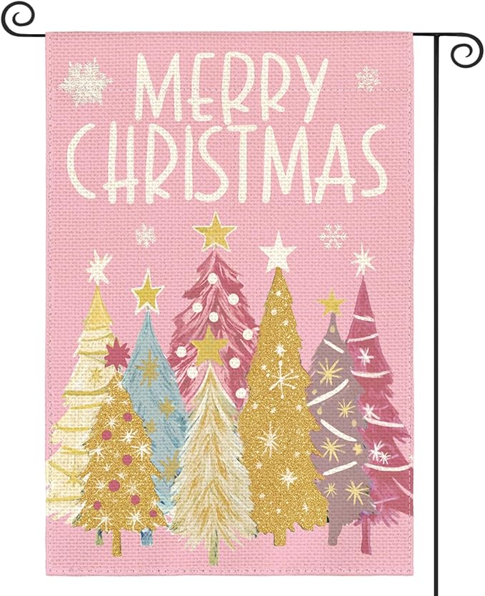 AVOIN colorlife Merry Christmas Garden Flag 12x18 Inch Double Sided Outside, Christmas Trees Winter Holiday Yard Outdoor Flag Pink