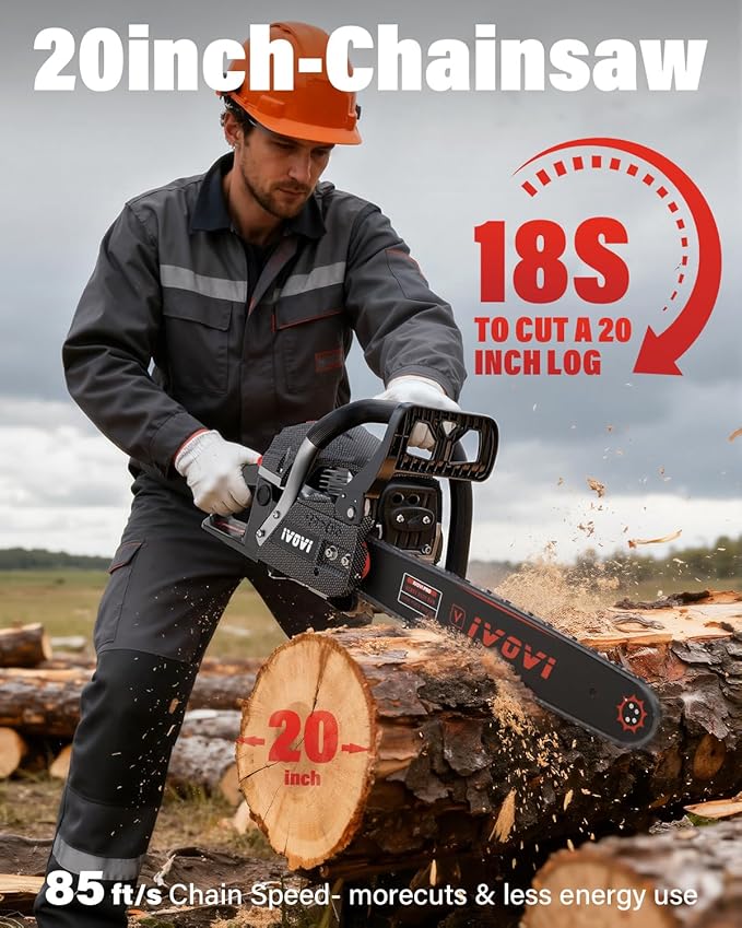IVOVI 63CC Gas Chainsaw 20 Inch & 18 Inch Bar - 3.7HP 2-Cycle Gas Chain Saw with Easy Start, Anti-Vibration for Forest Logging, Wood, Orchards and Ranches Cutting Use