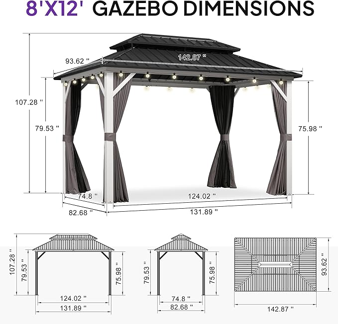 PURPLE LEAF 8' X 12' Outdoor Gazebo Galvanized Steel Double Roof White Aluminum Frame Hardtop Heavy Duty Gazebo with Curtain and Netting for Patio Garden and Backyard, Grey