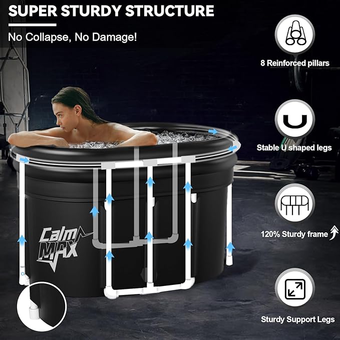 CalmMax Oval Ice Bath Tub with Double Inflatable Neck Rest Ring, Portable Cold Plunge with Cover, 140 Gal Cold Plunge Tub for Cold Water Therapy, XL Ice Baths at Home, Outdoor, Gym (IB004), Black