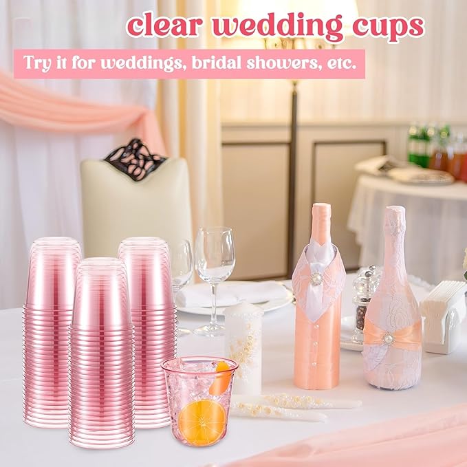 50 Pcs Disposable Stemless Glasses 12oz Crystal Plastic Wine Glasses Clear Classic Pet Cup for Meeting Weddings Birthdays Cocktail Christmas Party Supplies (Pink)