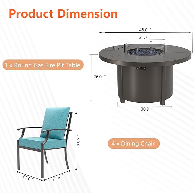 5 Pieces Patio Furniture Set with Round Fire Pit Table, Outdoor Conversation Sets 4 Chairs with Upgrade Cushions for Patio, Backyard Blue
