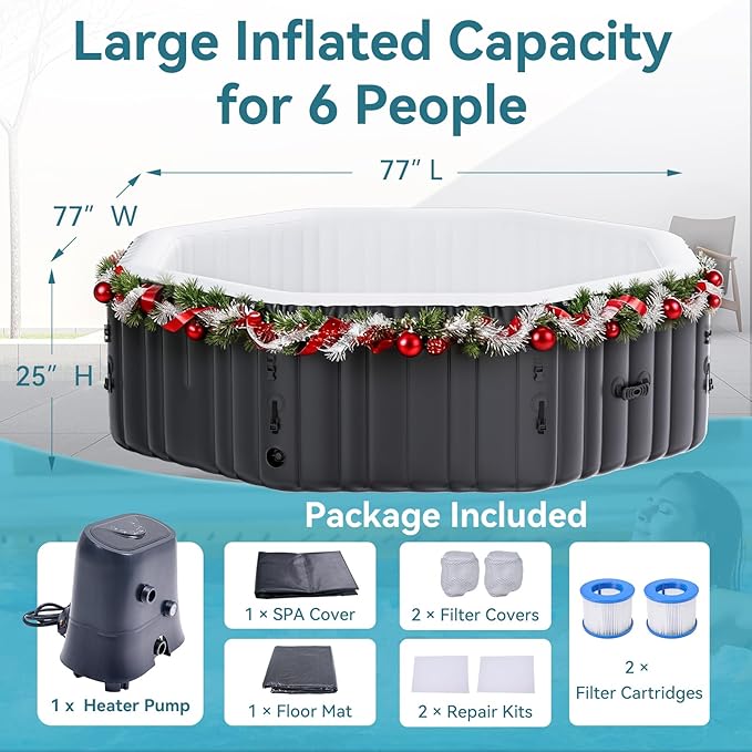 4-6 Person Inflatable Hot Tub, Large Polygon Portable Blow Up Hot Tub, 77” X 25”Leak-Proof PVC Outdoor Spa with 130 Air Jets, Insulated Cover