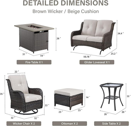 Belord 8 Piece Outdoor Patio Furniture Set - 41" CSA Propane Fire Pit Table Patio Conversation Set with Swivel Rocker Outdoor Chairs, Wicker loveseat and Ottoman for Outside Casual Gathering