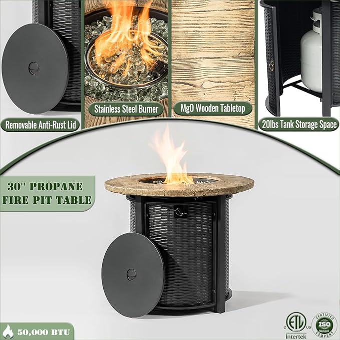Propane Fire Pit Table, 30“ Firepits for Outside, Gas Fire Pit for Outside Patio, Propane Fire Table with Rain Cover, Rocks for Patio, Deck, 50000BTU, Tank Inside, Tank Not Included, Black
