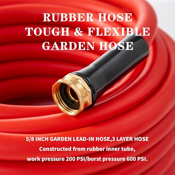 Garden Hose 50 ft x 5/8” Hot/Cold Water Hose,-50°F to 190°F,Burst 600Psi Flexible & Lightweight Upgraded Rubber Hoses,3/4” Solid Fittings for All-weather Outdoor Lawn & Garden