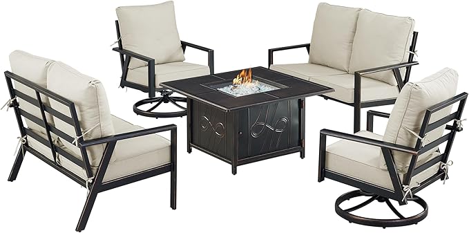 Oakland Living Black Aluminum Patio Fire Table Set with Two Deep Seating Loveseat with Cushions and Two Club Chairs with Light Grey Cushions