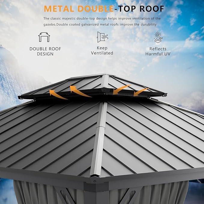 12’x14’ Hardtop Gazebo Outdoor Aluminum Frame Permanent Gazebo Galvanized Steel Double Roof Pergola with Nettings and Curtains for Patio, Lawns,Backyard, Deck,Grey
