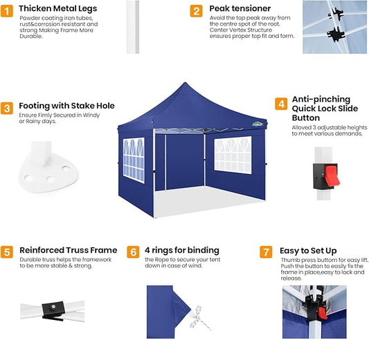 COBIZI 10x10ft Pop Up Canopy with 4 Removable Sidewalls, Easy Up Commercial Gazebos, Waterproof and UV50+ Gazebo with Portable Bag, Adjustable Leg Heights, Tents for Parties, with 4 sandbags