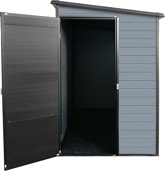 4x8FT Resin Outdoor Storage Shed with Floor and 2 Windows,Waterproof Plastic Sheds with Lockable Doors,Outside Garden Tools Sheds for Backyard Patio,Gay+Black