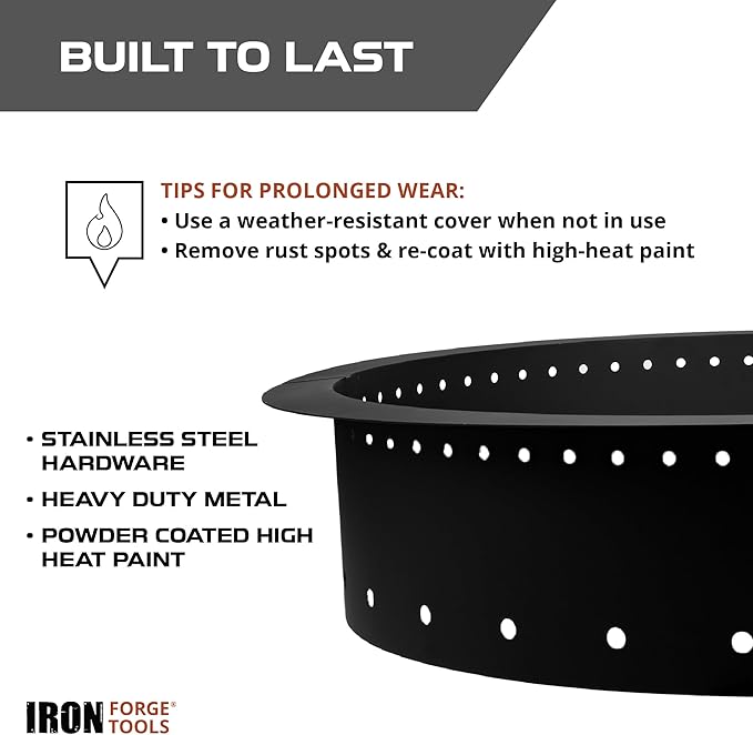 Iron Forge Tools Fire Pit Ring 30 Inch Outer/24 Inch Inner - Outdoor Heavy Duty Metal Round Smokeless Fire Ring Insert Liner - Utility Patent Pending (30x24x10)