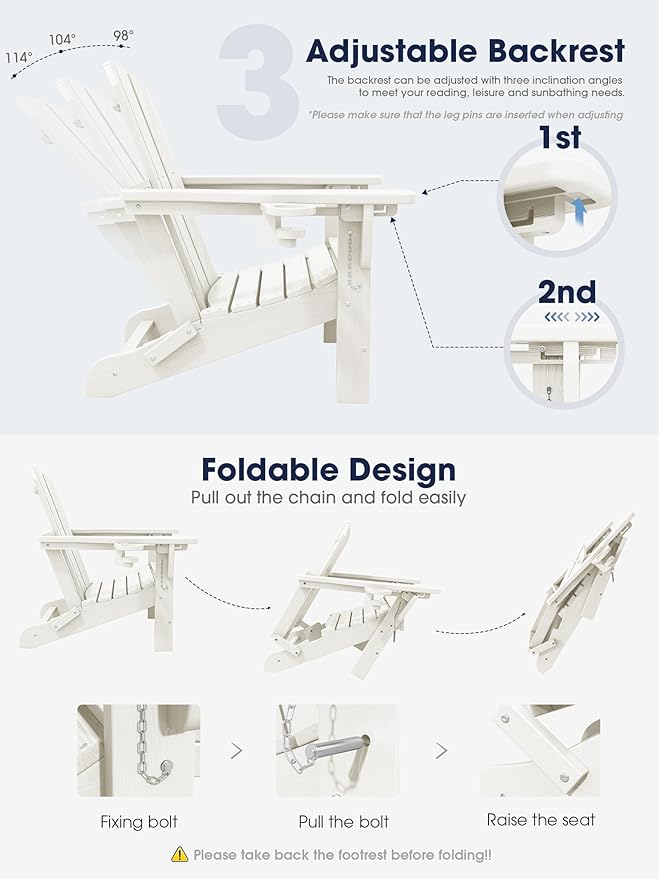 KINGYES Folding Adjustable Adirondack Chair with Ottoman & 2 Cup Holders, HDEP Multifunctional Adirondack Chair with Footrest, White