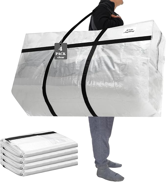 Windyun 4 Pack 69 Gallon Extra Large Storage Bags XXL Moving Bags with Zipper Handle Heavy Duty Jumbo Big Tote Box for Christmas Tree Storage 4, 5, 7.5, 9, 10, 12 ft Skeleton College Dorm(Transparent)