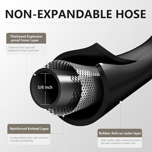 Garden Hose 5/8" x 25ft Brass Rubber Heavy Duty Water Hose 600 PSI Burst Pressure, Durable Flexible Hose for Yard, Car Wash, Pets Black