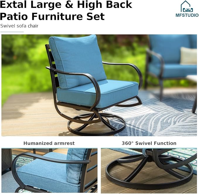 MFSTUDIO 6 Pieces Patio Furniture Sets with 45" Gas Fire Pit Table(Up to 7 Seat),Outdoor Metal Frame Patio Conversation Sofas with 1 x 3-Seat Sofa, 2 Swivel Chairs and 2 Ottoman, Navy Cushion