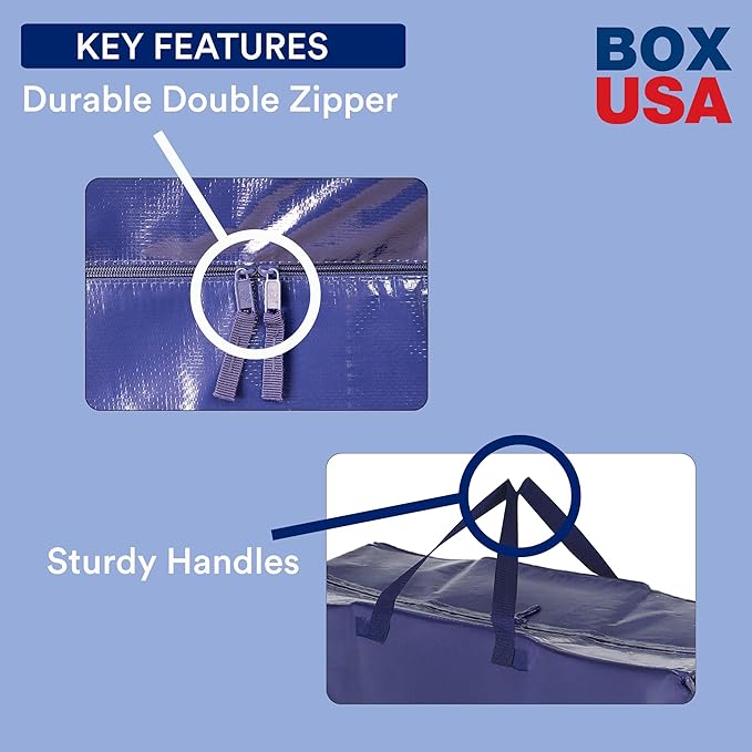 BOX USA 4 Pack Extra Large Blue Moving Bags with Handles & Zippers | Heavy Duty Storage Totes, Packing, Dorm Room Essentials & College Space Saving