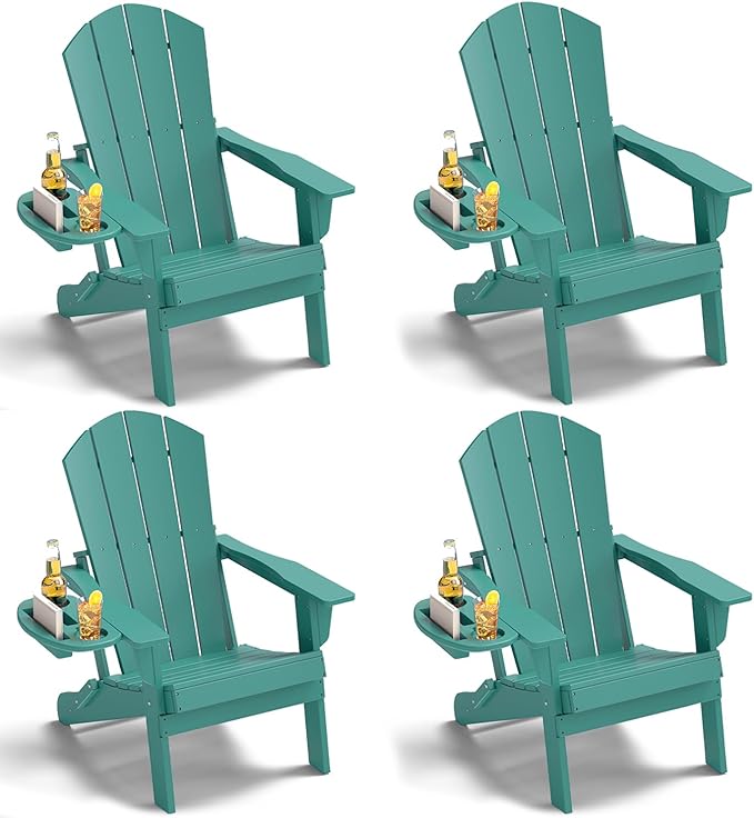 Adirondack Chair Set of 4, HDPE Folding Adirondack Chair with Multifunctional Cup Holder, Weather Resistant Fire Pit Chair for porches, patios, poolsides, Decks.