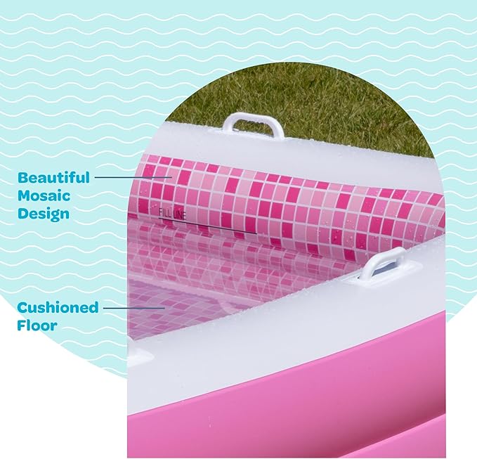 Inflatable for Kids and Adults 90"x60" (7.5'x5') with Soft Padded Floor, Handles and Drain, Kiddie Swimming Pool, Big Blow Up Backyard Pool for Ages 3+, Playful - Pink