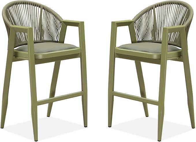 PURPLE LEAF Outdoor Bar Stools Set of 2 - Wicker Woven Height Chairs, Aluminum Barstool for Patio Kitchen Island Lawn, Green