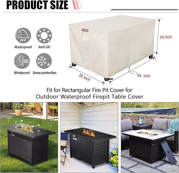 Fire Pit Cover Rectangular 54 Inch - Waterproof Outdoor Fire Table Cover Rectangle Heavy Duty, 600D Patio Propane Gas Firepit Cover Rectangular Tear Weather Resistant - 54 x 28 x 24 Inch Beige