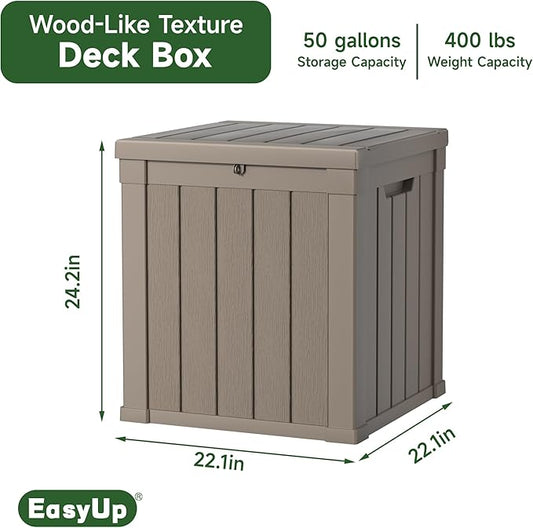 EasyUp 50 Gallon Outdoor Storage Box, Resin Waterproof UV-Resistant Deck Box, Reinforced Stability for Patio, Garden, and Poolside, Striped Gray