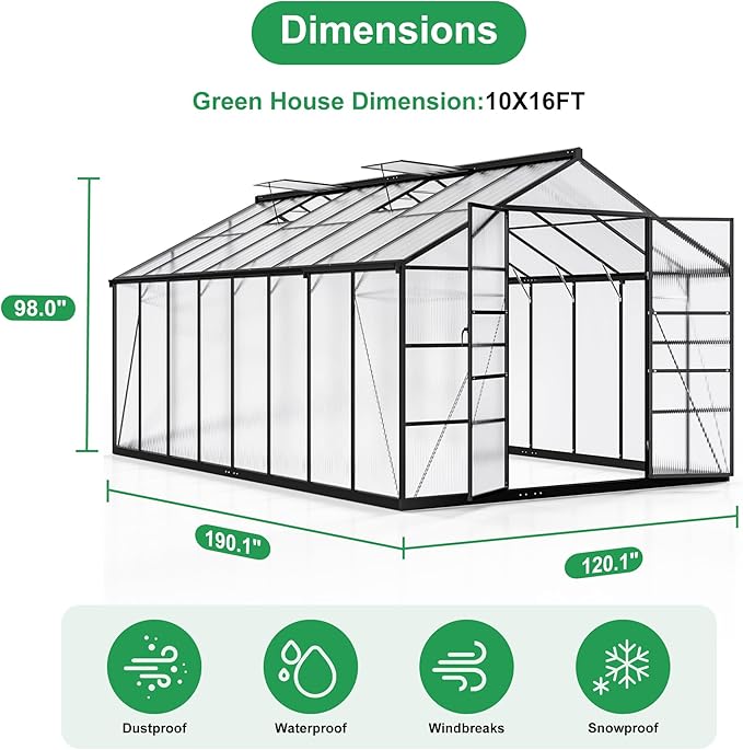 WKM 10x16 FT Greenhouse for Outdoors, Polycarbonate Greenhouse with Roof Vent and Quick Setup Structure, Enhanced Aluminum Green House for Garden Backyard, Black